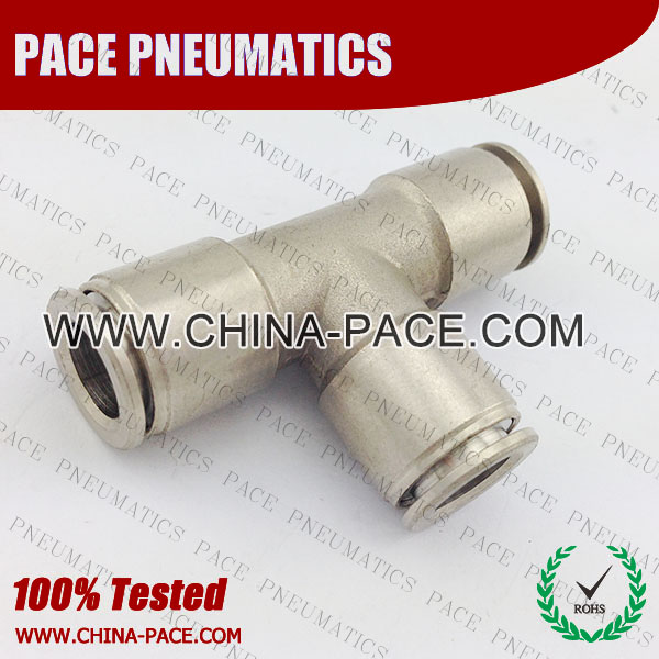 Union Tee All Brass Push In Fittings, Air Fittings, one touch tube fittings, Pneumatic Fitting, Nickel Plated Brass Push in Fittings